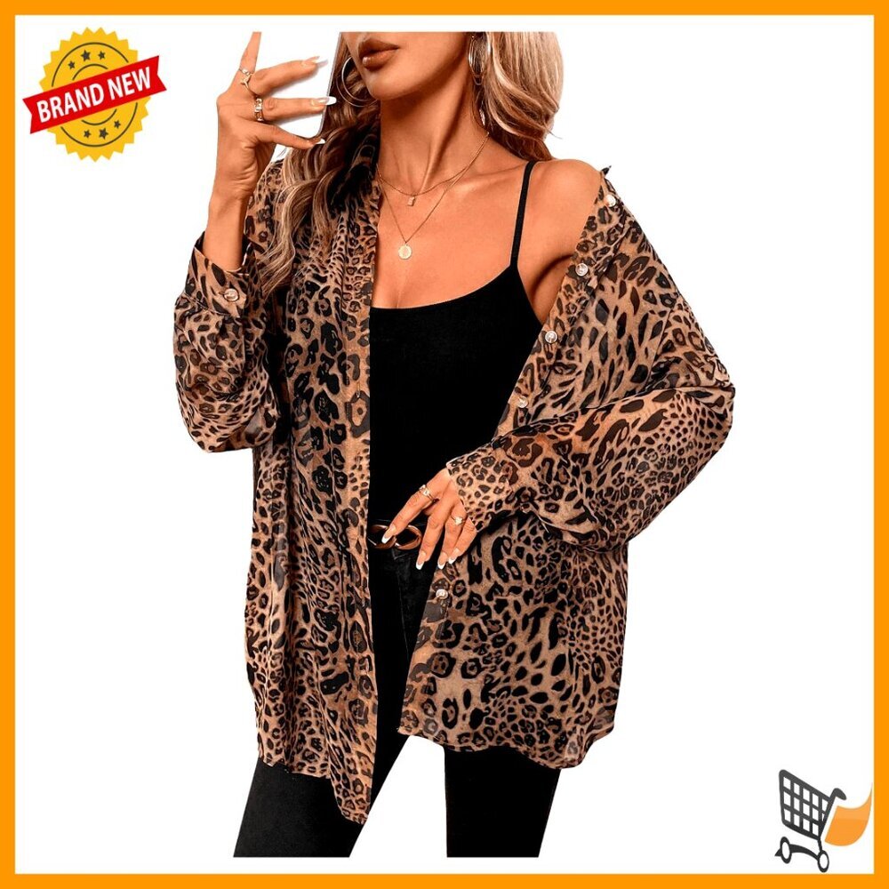 Leopard Print Sheer Mesh Button Down Blouse Long Sleeve Drop Shoulder Top